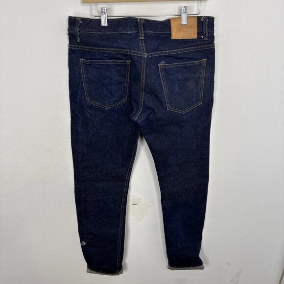 SoSo Selvage Mens 34X32 Dark Blue Denim Jeans Button Fly Skinny Leg Japan - Picture 3 of 13